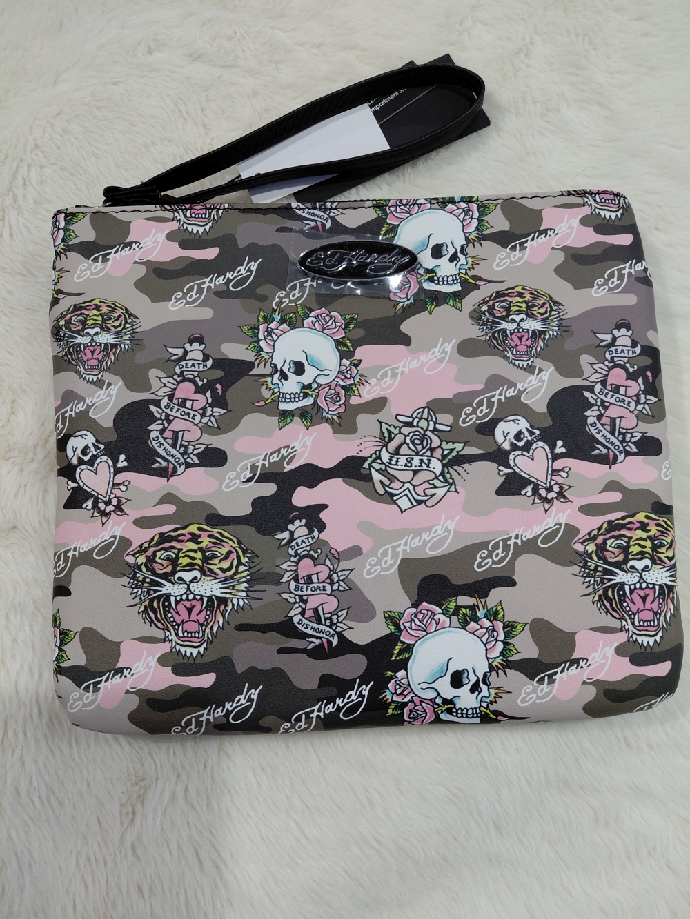 NWT Ed Hardy Pink Camo Skull & Tiger Wristlet Clutch